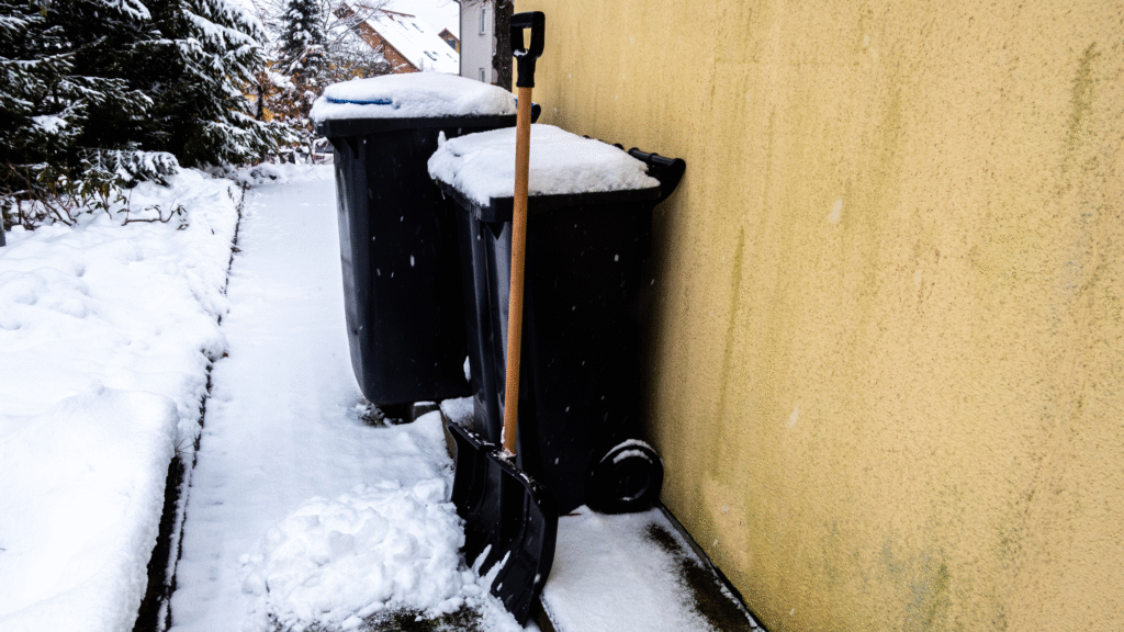 Zwei mit Schnee bedeckte schwarze Mülltonnen, daneben eine Schneeschaufel