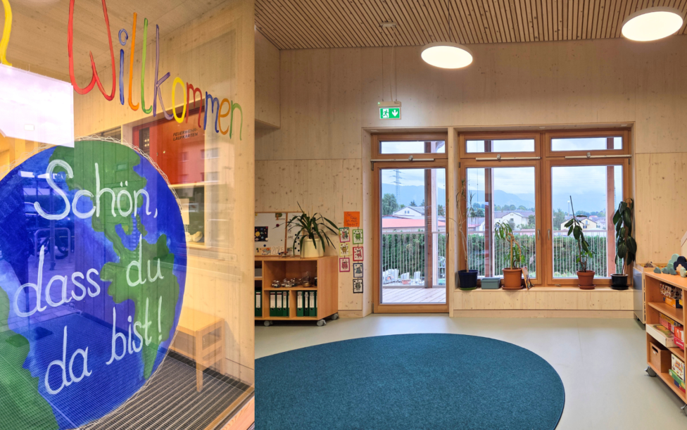 Blick in ein Gruppenzimmer mit Spielzeug und großer Fensterfront in der Kita St. Nikolaus in Murnau