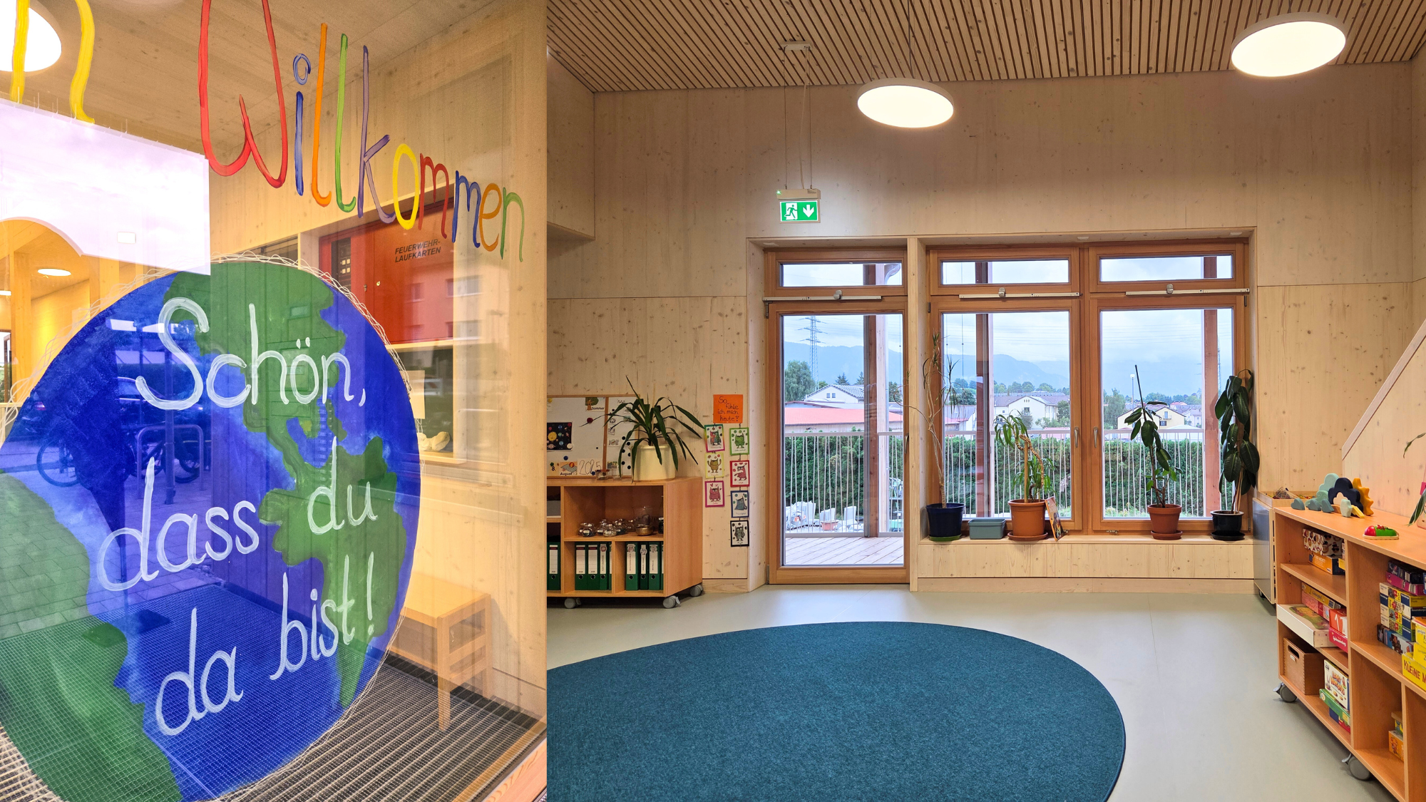 Blick in ein Gruppenzimmer mit Spielzeug und großer Fensterfront in der Kita St. Nikolaus in Murnau