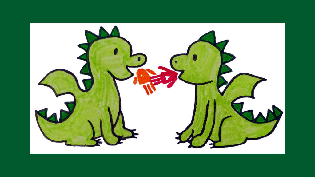 Zwei kleine, grüne Drachen, die Feuer spuken.