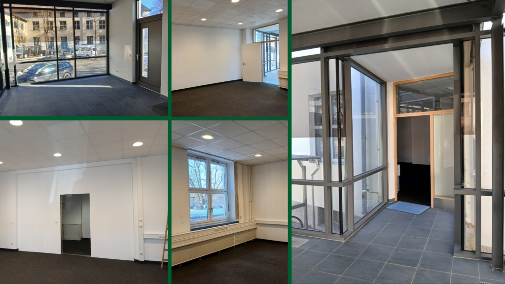 Collage Büroflächen Kemmelgelände - Blick in ein unmöbliertes Büro mit Glasfront