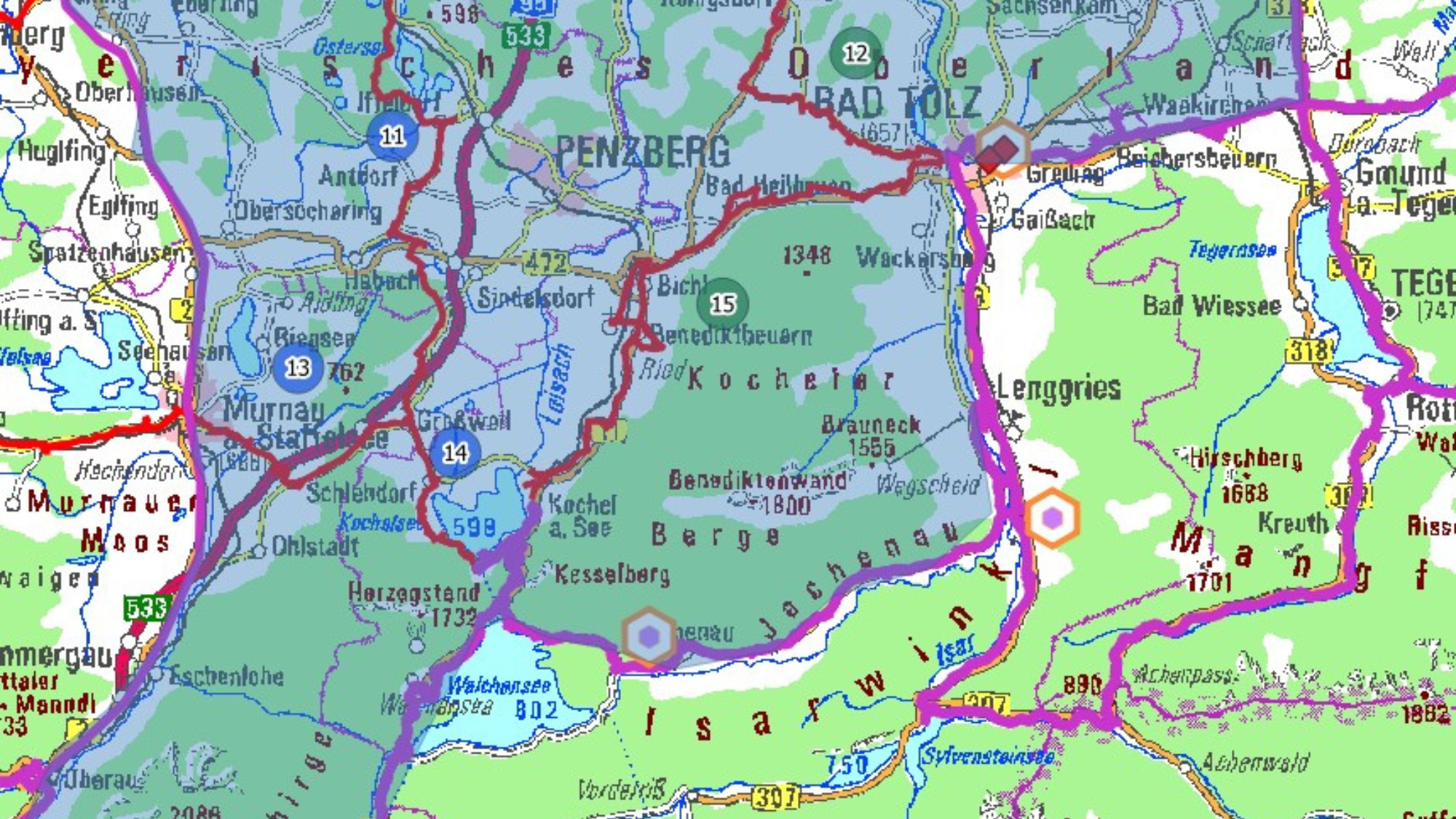 Kartenausschnitt, der anzeigt wo Höhenmessungen stattfinden.