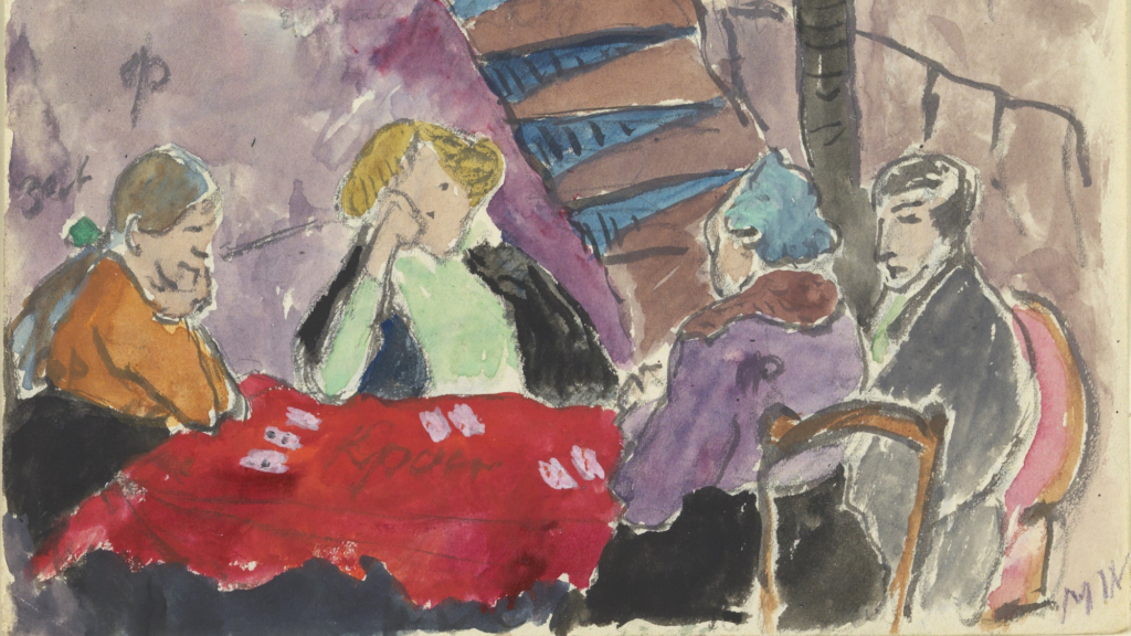 Marianne von Werefkin, Kartenspieler, 1930, Gouache, Eintrag in Eva Mayers Künstleralbum, S. 53, Schloßmuseum Murnau, Fotograf: N. Steglich, Starnberg