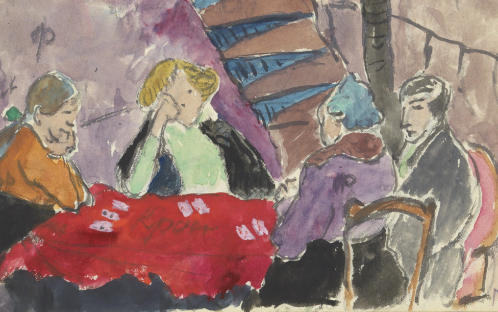 Marianne von Werefkin, Kartenspieler, 1930, Gouache, Eintrag in Eva Mayers Künstleralbum, S. 53, Schloßmuseum Murnau, Fotograf: N. Steglich, Starnberg