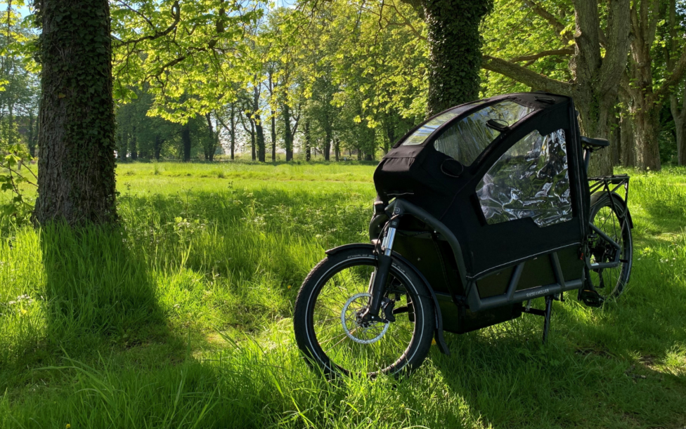Ein E-Bike Lastenrad steht auf einer Wiese mit zwei Bäumen.