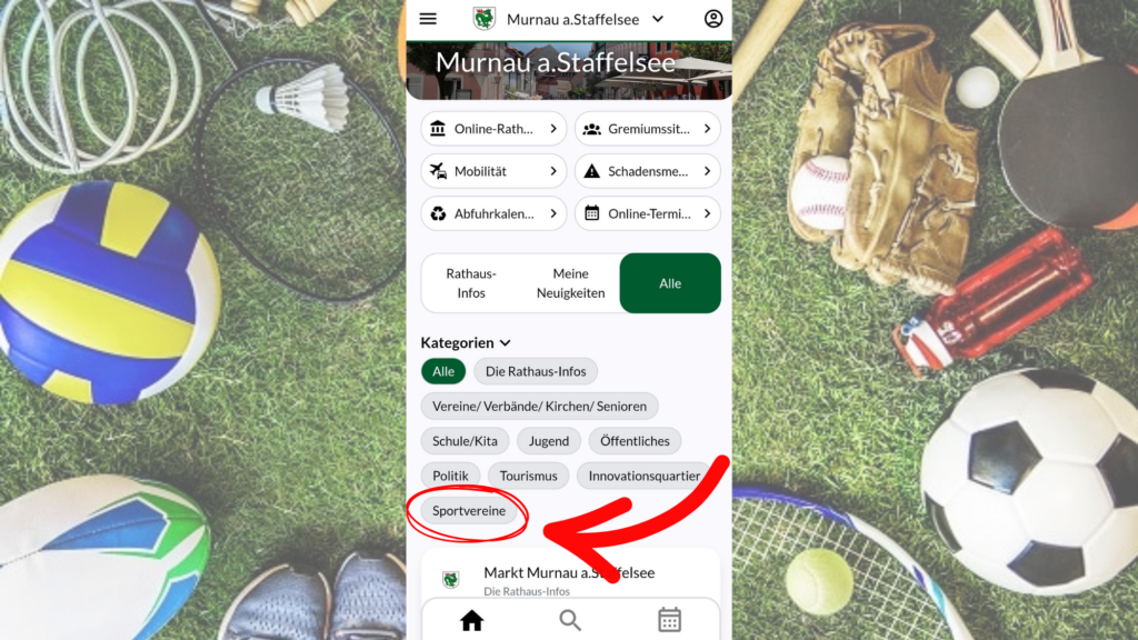 Verweise auf die neue Kategorie Sportvereine in der Murnau APP per Screenshot der Startseite der APP