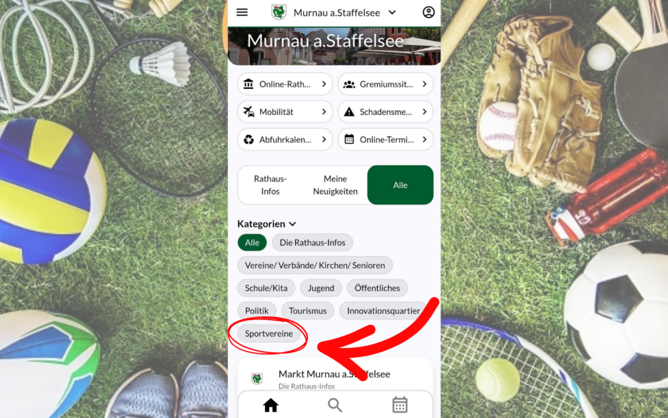 Verweise auf die neue Kategorie Sportvereine in der Murnau APP per Screenshot der Startseite der APP
