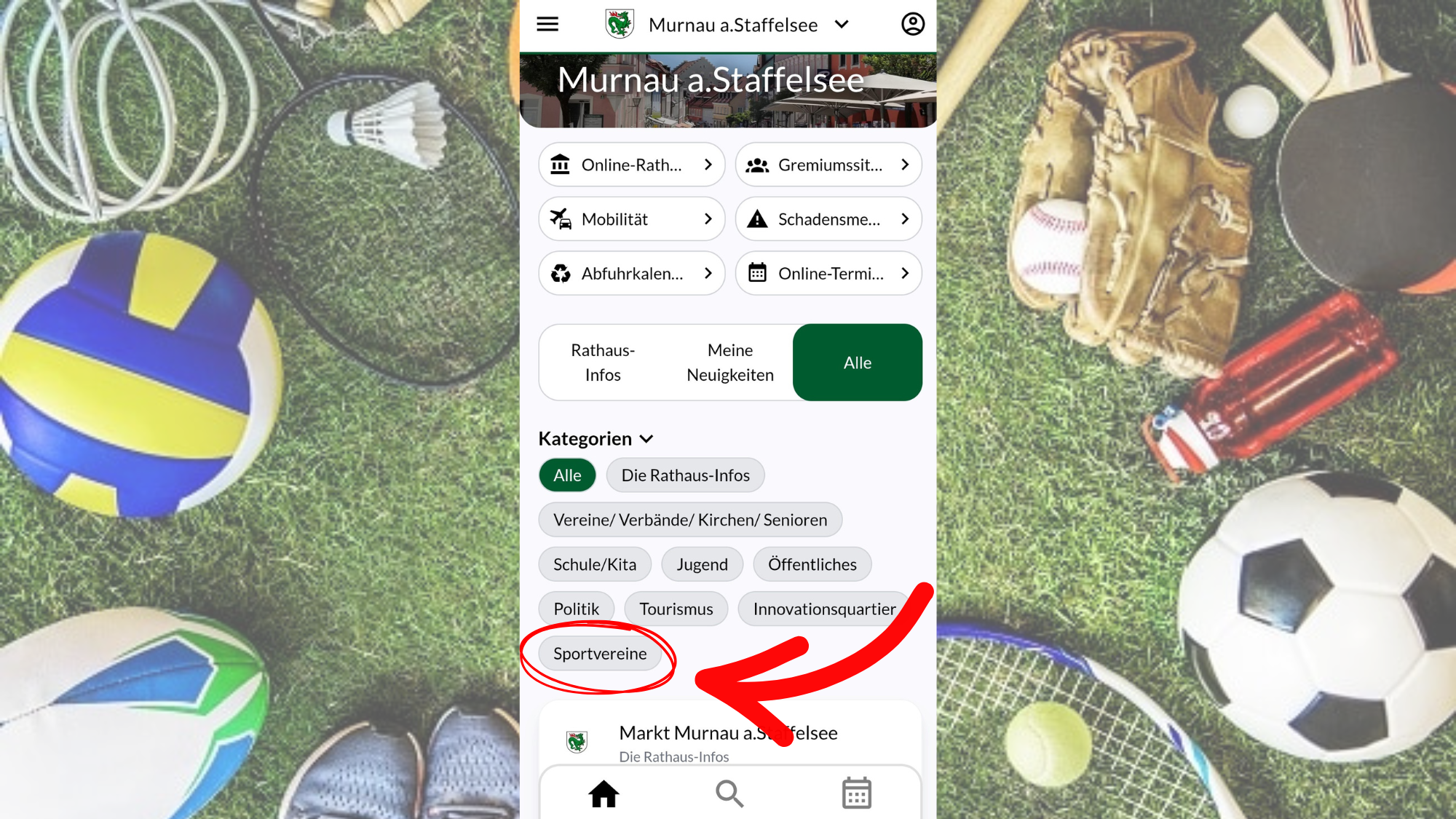 Verweise auf die neue Kategorie Sportvereine in der Murnau APP per Screenshot der Startseite der APP