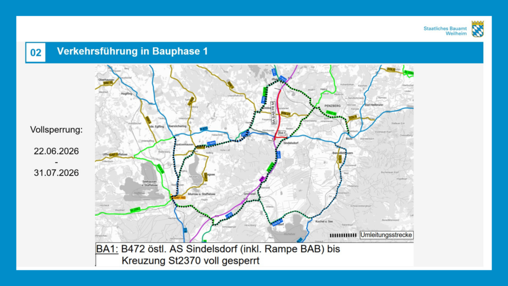 Ein Karte, die die Verkehrsführung aufgrund von Bauarbeiten an der A 95 / B 472 AS Sindelsdorf zeigt.