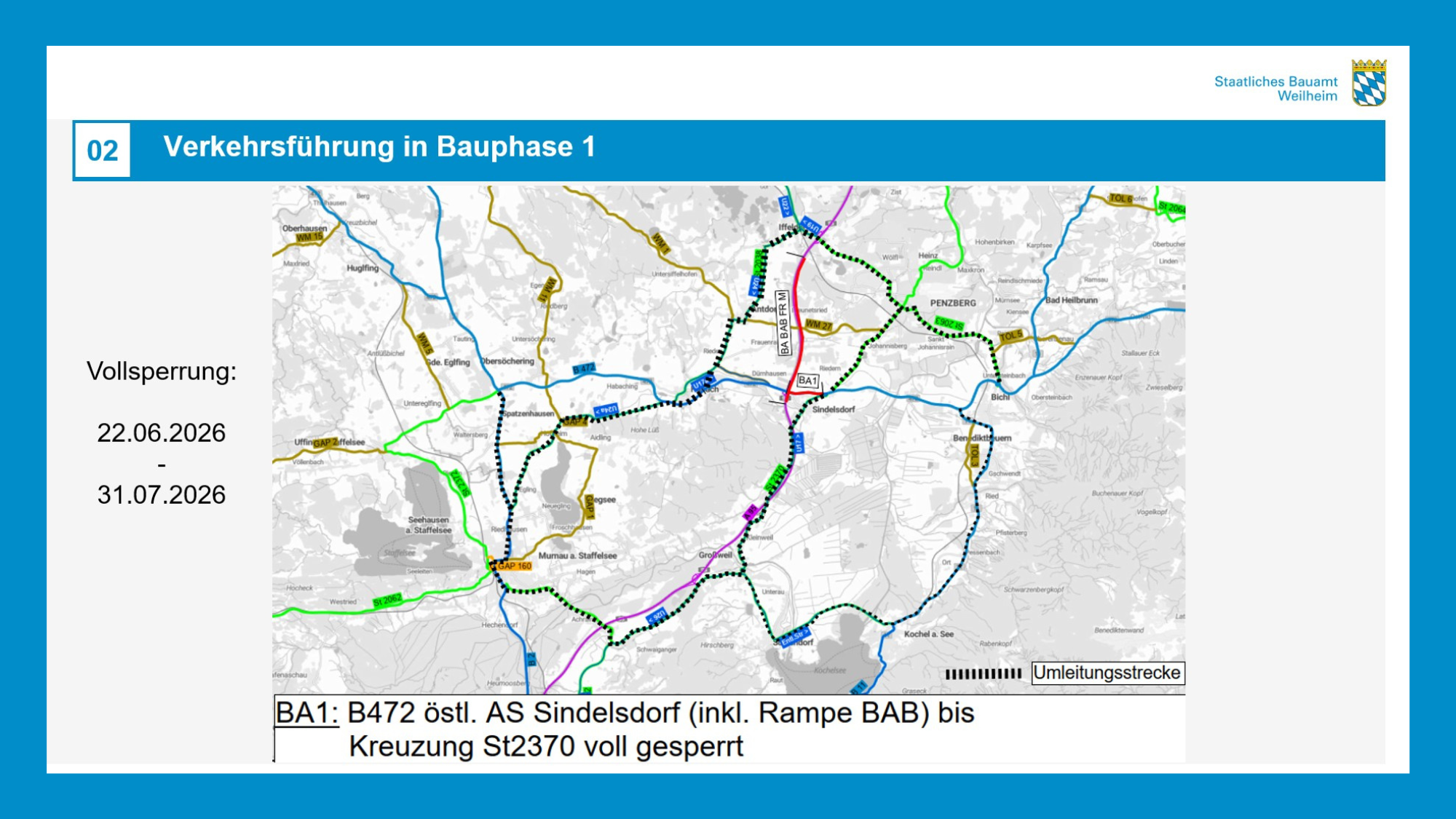 Ein Karte, die die Verkehrsführung aufgrund von Bauarbeiten an der A 95 / B 472 AS Sindelsdorf zeigt.
