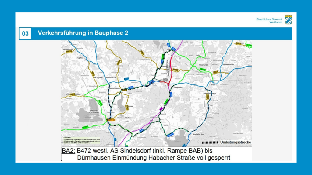 Ein Kartenausschnitt der Autobahnanschlusstelle Sindelsdorf. Gezeigt wird die Verkehrsführung in Bauphase 2 (c) Staatliches Bauamt Weilheim