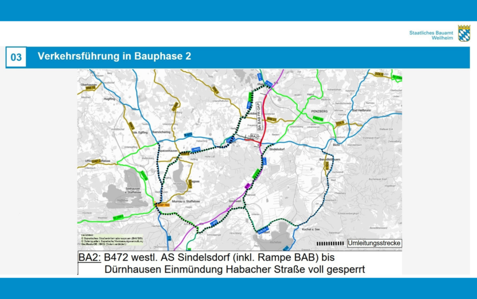 Ein Kartenausschnitt der Autobahnanschlusstelle Sindelsdorf. Gezeigt wird die Verkehrsführung in Bauphase 2 (c) Staatliches Bauamt Weilheim