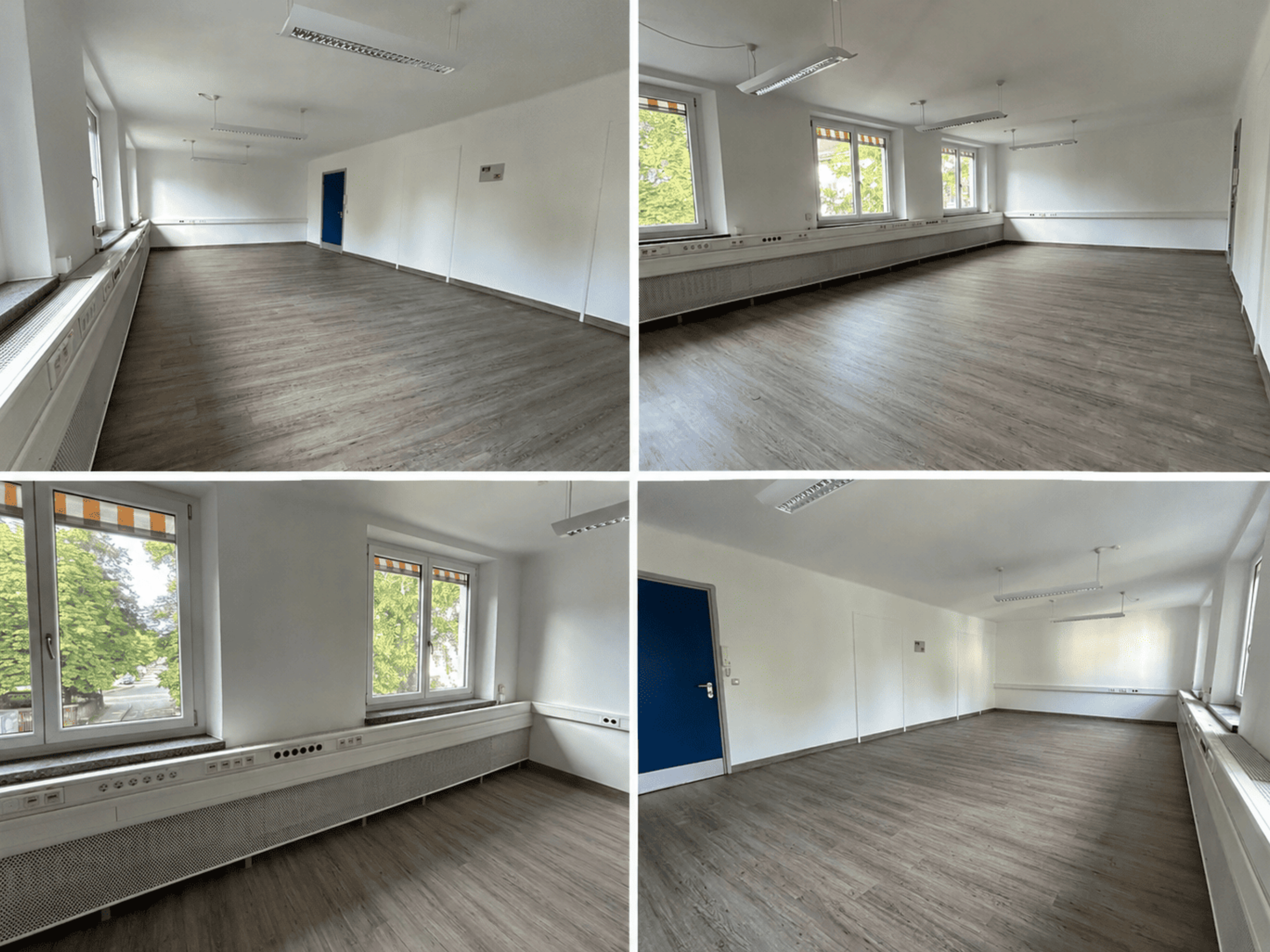 Collage aus 4 Bildern. Die Bilder zeigen Blicke in einen leeren Büroraum im Gebäude 120F in Murnau