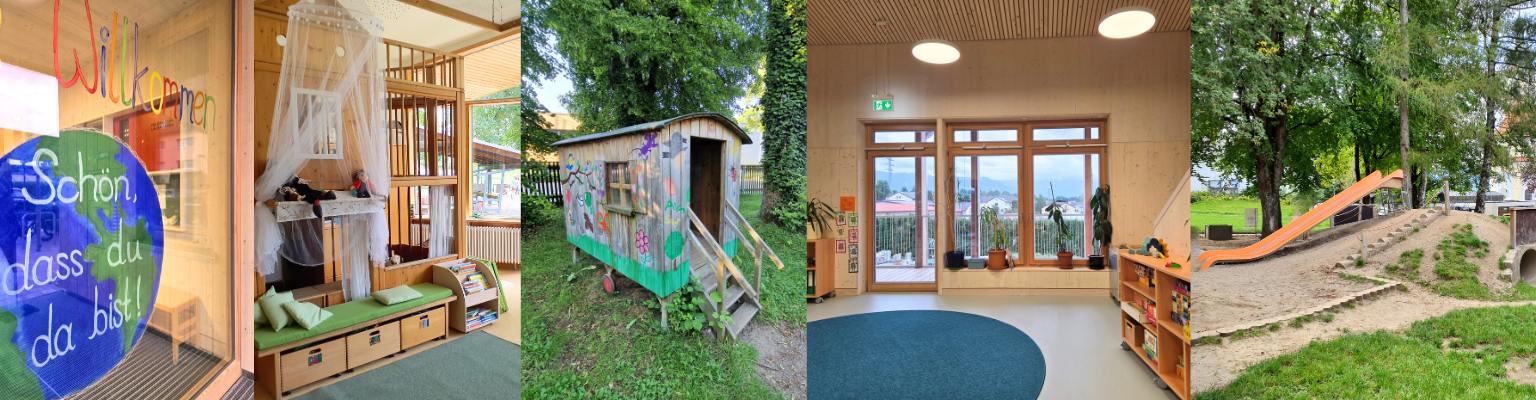 Collage mit Einblicken in verschiedene Murnauer Kinderbetreuungseinrichtungen. Blick in Gruppenräume und Gartenbereiche.