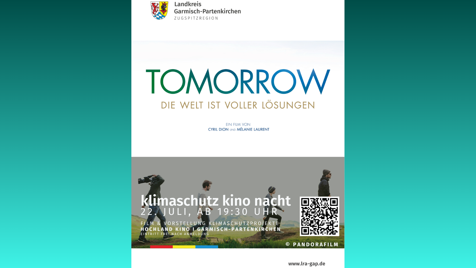 Plakat zur Bewerbung der Klimaschutz Kino Nacht am 22.07.2026 in Garmisch-Partenkirchen (c) Landratsamt Garmisch-Partenkirchen und (c) Pandorafilm