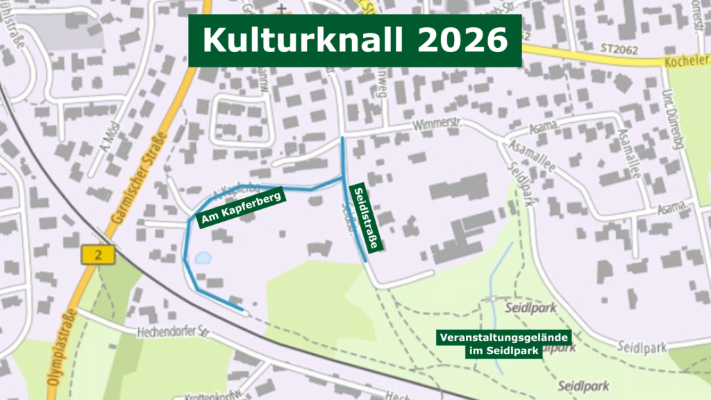 Verkehrsinfos zum Kulturknall 2026_ein Kartenausschnitt zeigt die Verkehrseinschränkungen rund um den Murnauer Seidlpark