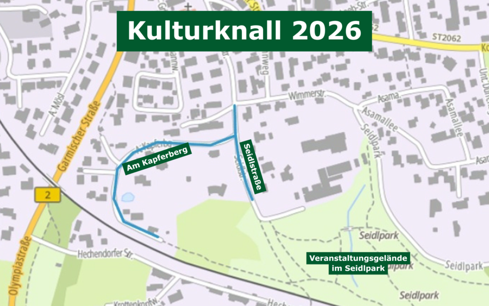 Verkehrsinfos zum Kulturknall 2026_ein Kartenausschnitt zeigt die Verkehrseinschränkungen rund um den Murnauer Seidlpark