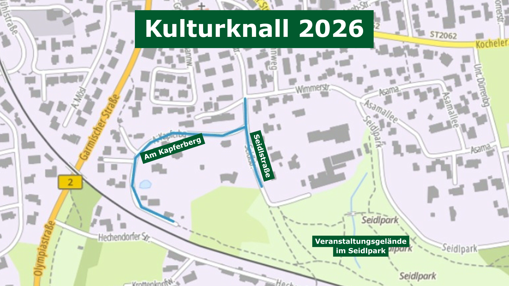 Verkehrsinfos zum Kulturknall 2026_ein Kartenausschnitt zeigt die Verkehrseinschränkungen rund um den Murnauer Seidlpark