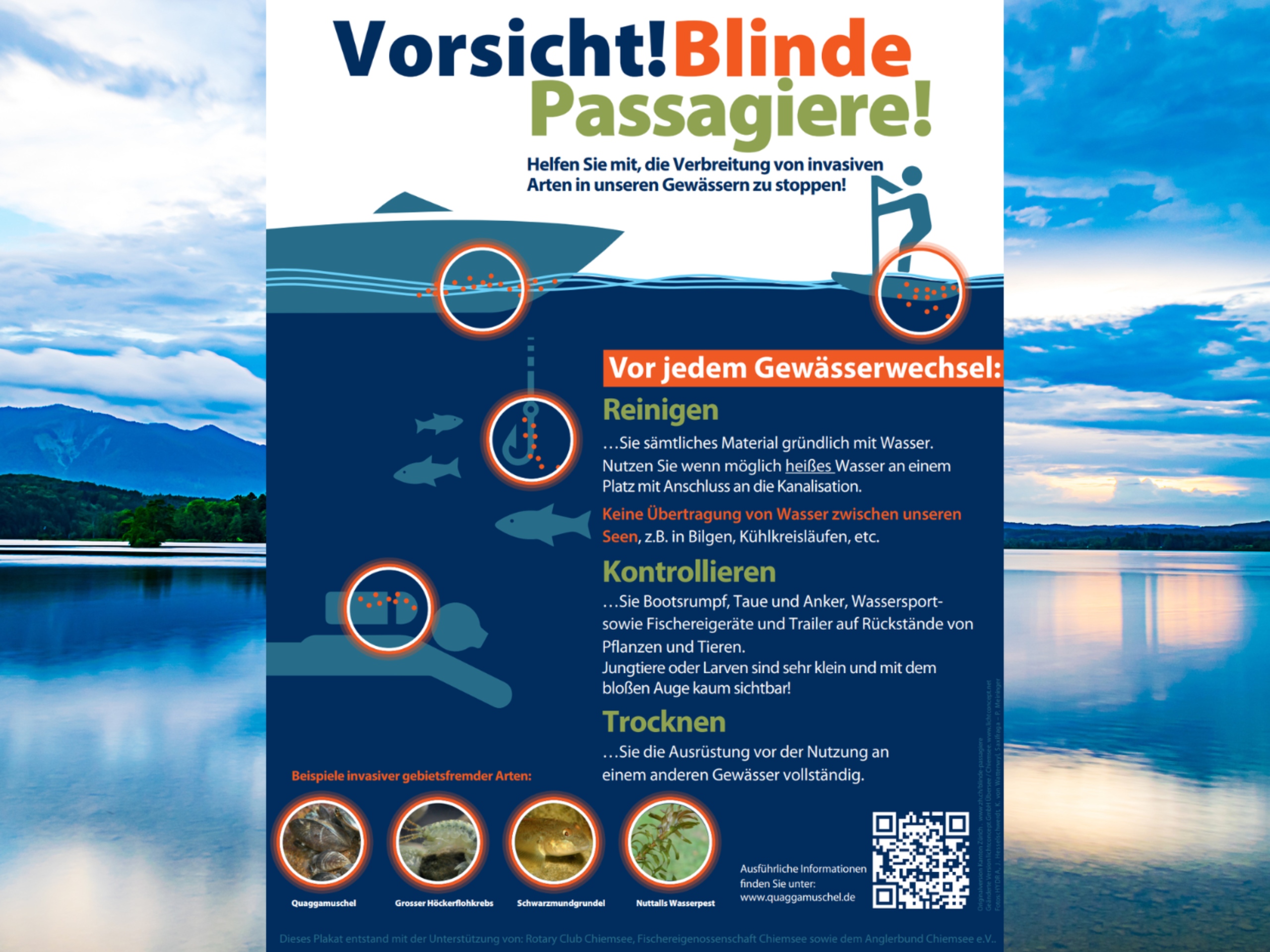 Ein Plakat weist auf die Bedrohung durch die Quaggamuschel hin.