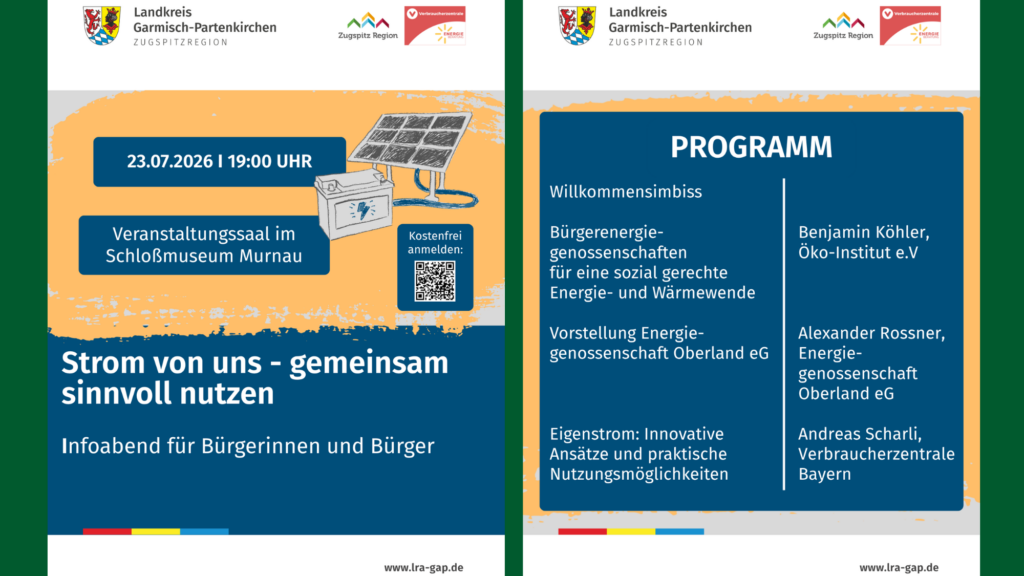Plakat zur Bürgerinformationsveranstaltung zum Thema „Strom von uns - gemeinsam sinnvoll nutzen“ am 23.07.2026 in Murnau
