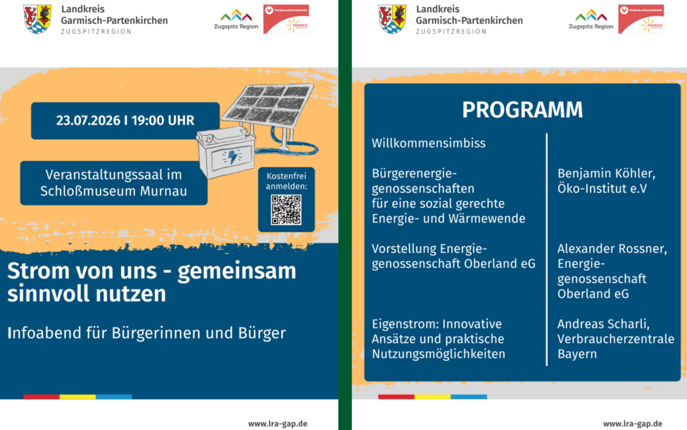 Plakat zur Bürgerinformationsveranstaltung zum Thema „Strom von uns - gemeinsam sinnvoll nutzen“ am 23.07.2026 in Murnau