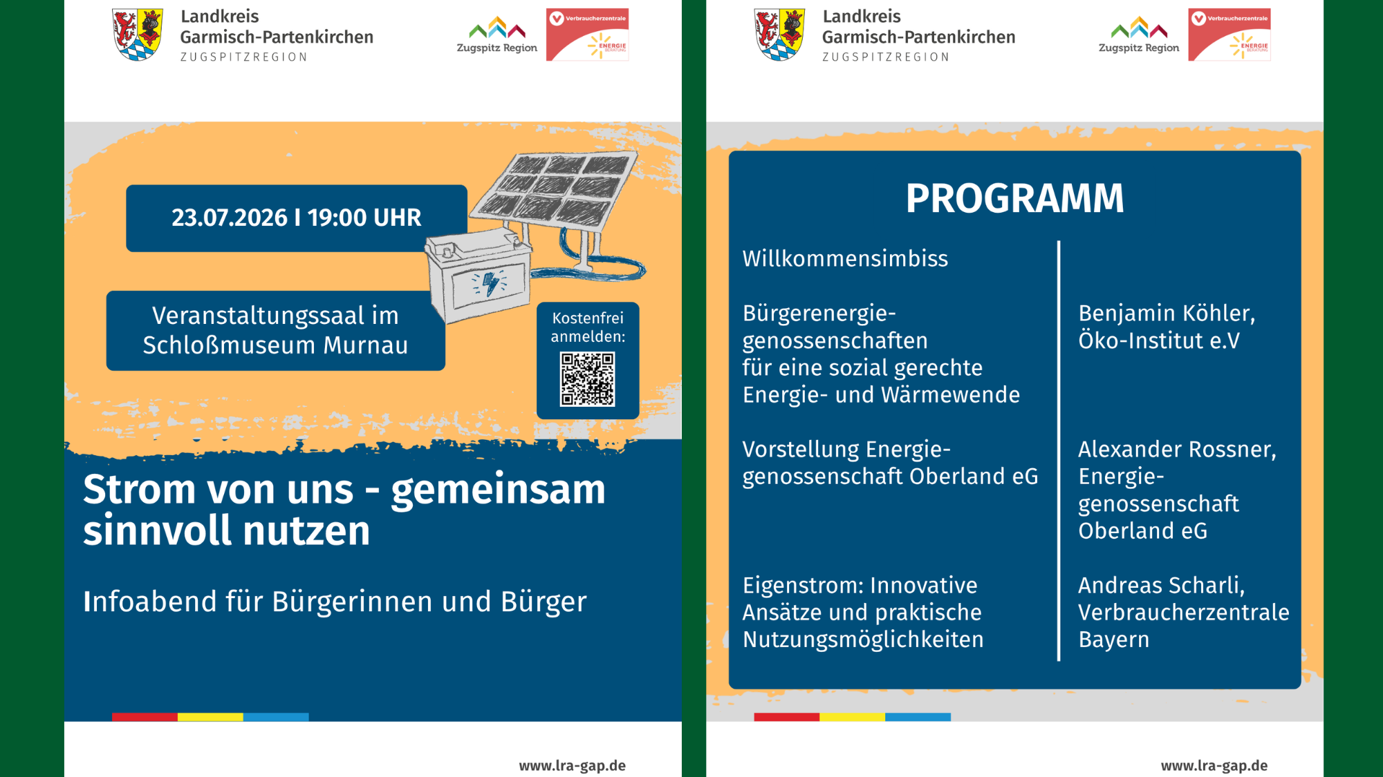 Plakat zur Bürgerinformationsveranstaltung zum Thema „Strom von uns - gemeinsam sinnvoll nutzen“ am 23.07.2026 in Murnau