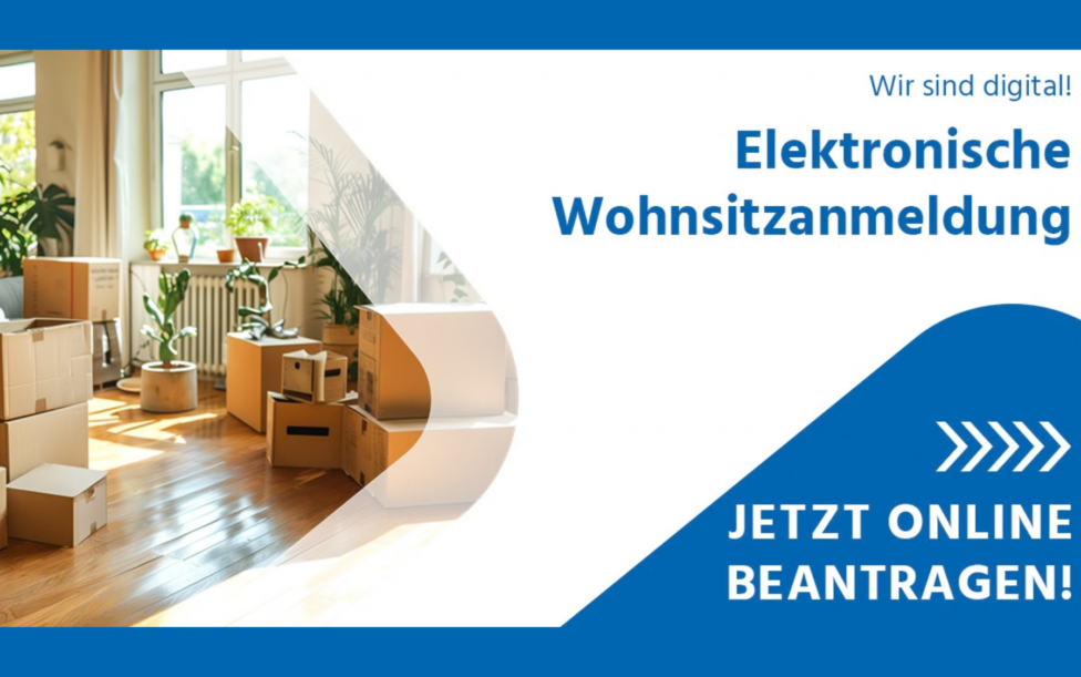 Plakat mit Umzugskartons zur Bewerbung der Elektronischen Wohnsitzanmeldung in Murnau