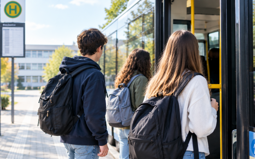 Kinder stehen an einer Bushaltestelle und möchten in den Bus einsteigen. KI generiert