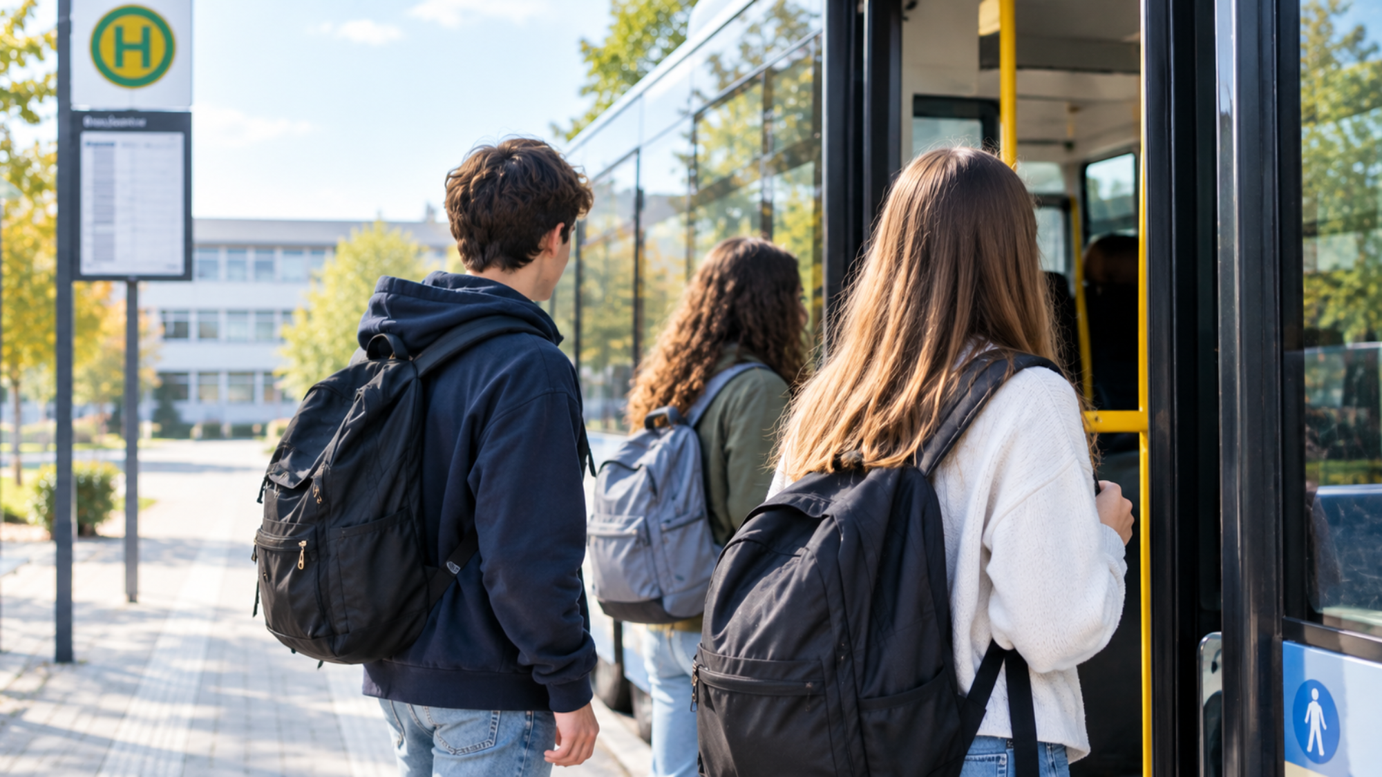 Kinder stehen an einer Bushaltestelle und möchten in den Bus einsteigen. KI generiert