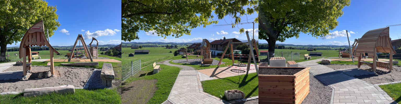 Blick auf die Spiel und Begegnungsstätte Längenfeldweg mit verschiedenen Spielgeräten und Bänken