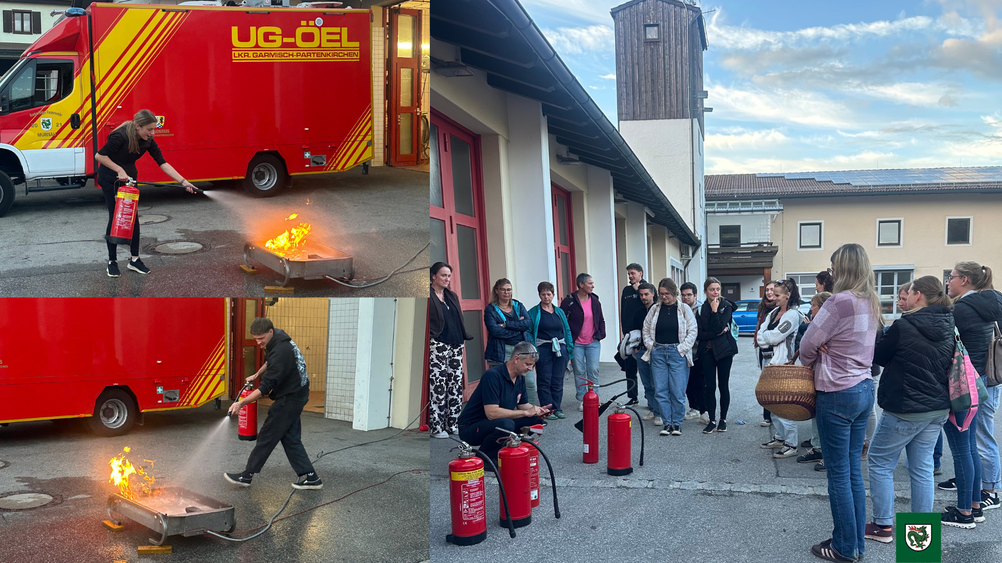 Eine Gruppe von Personen steht vor einem Gebäude und nimmt an einer Fortbildung zum Brandschutzhelfer teil; mehrere rote Feuerlöscher sind auf dem Boden platziert.