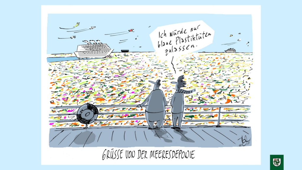 Karikaturausstellung Glänzende Aussichten im Landratsamt Garmisch-Partenkirchen. Zwei gezeichnete Personen stehen auf einem Kreuzfahrtschiff und schauen aufs Meer voller Plastiktüten. ©Bischöfliches Hilfswerk Misereor e. V.